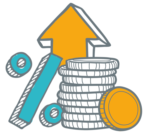 Coin stack with percentage sign and upward pointing arrow